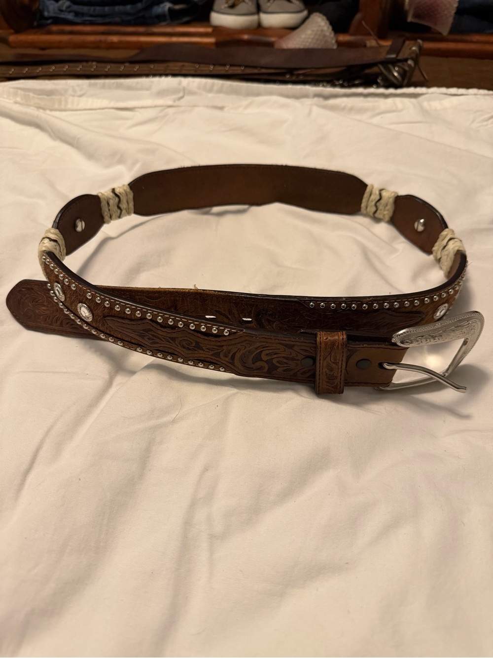 Decorative Brown Leather Studded Men's Belt with Silver Buckle